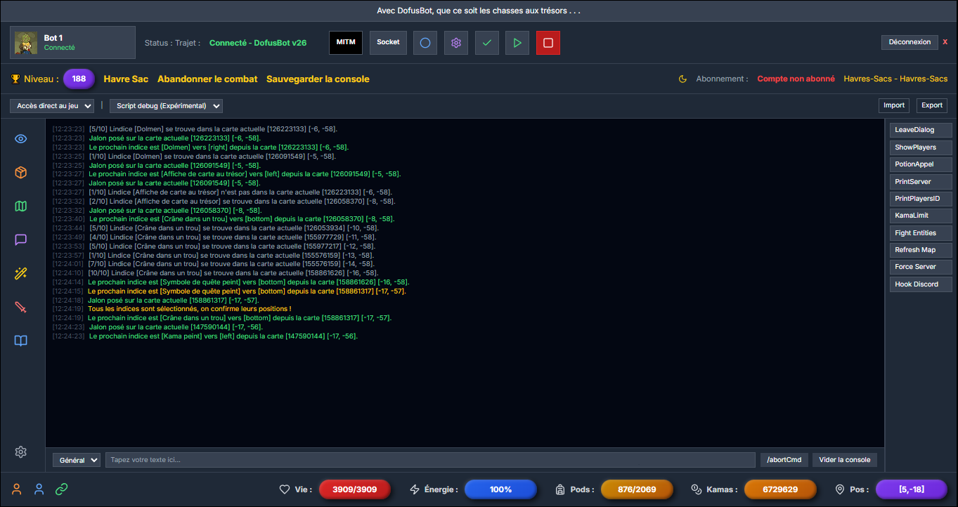 Interface DofusBot - Console de contrôle avec bot connecté, système de farming automatisé, gestion des personnages et monitoring en temps réel